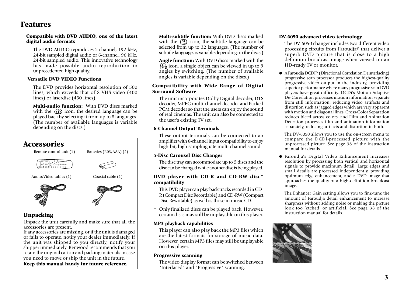 Features, Accessories | Kenwood DV-6050 User Manual | Page 3 / 68