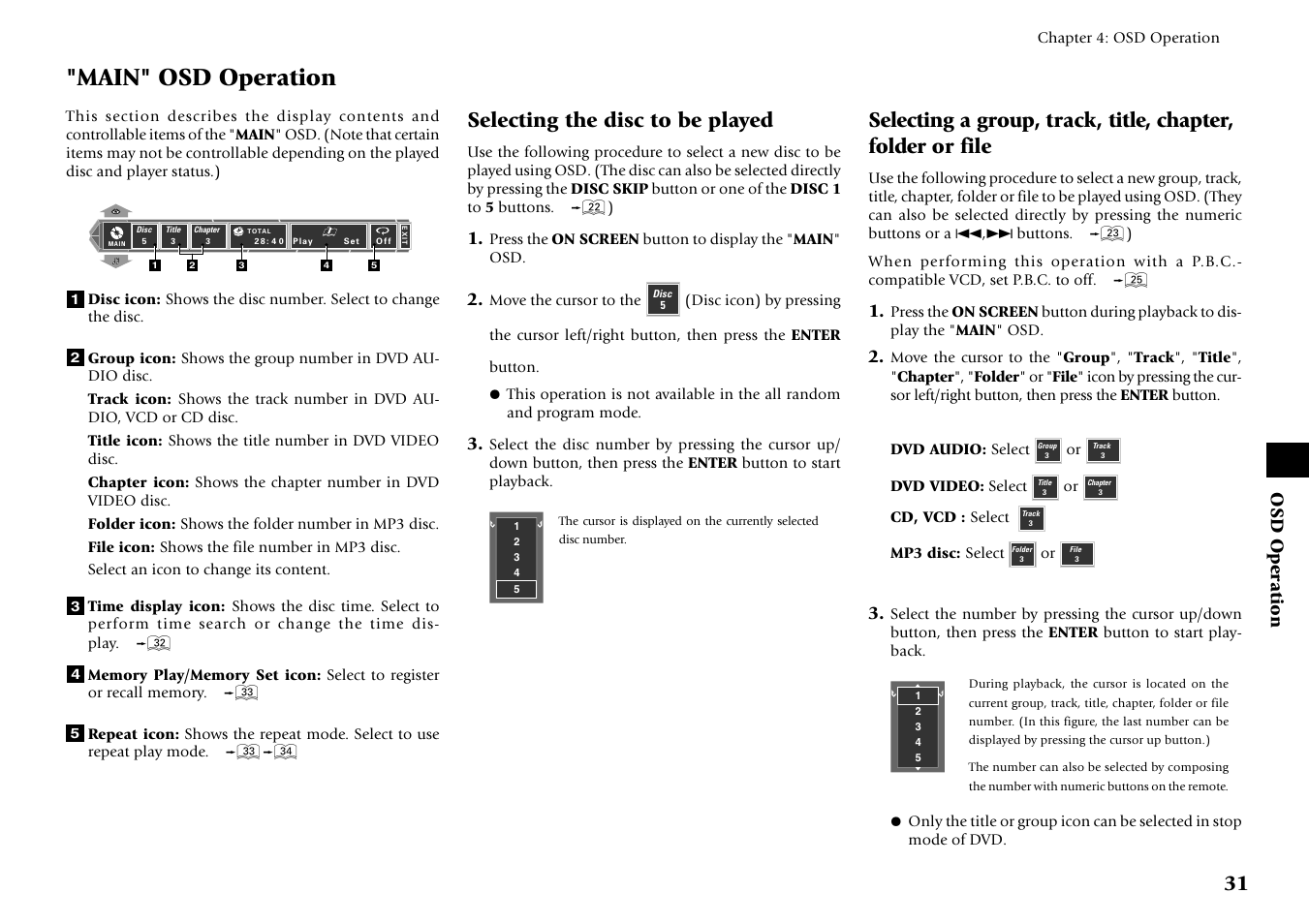 Main" osd operation, Selecting the disc to be played, Osd operation | Kenwood DV-6050 User Manual | Page 31 / 68