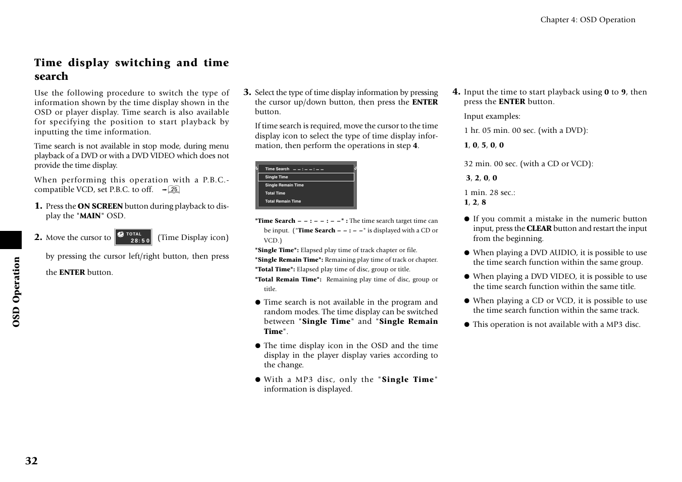 Time display switching and time search | Kenwood DV-6050 User Manual | Page 32 / 68