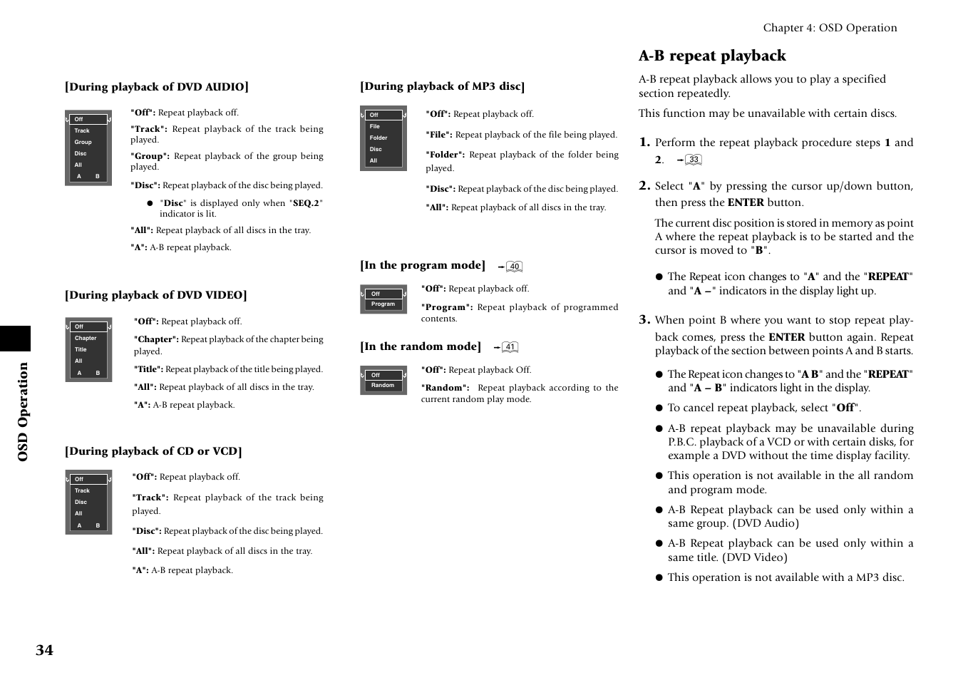 A-b repeat playback, Osd operation | Kenwood DV-6050 User Manual | Page 34 / 68