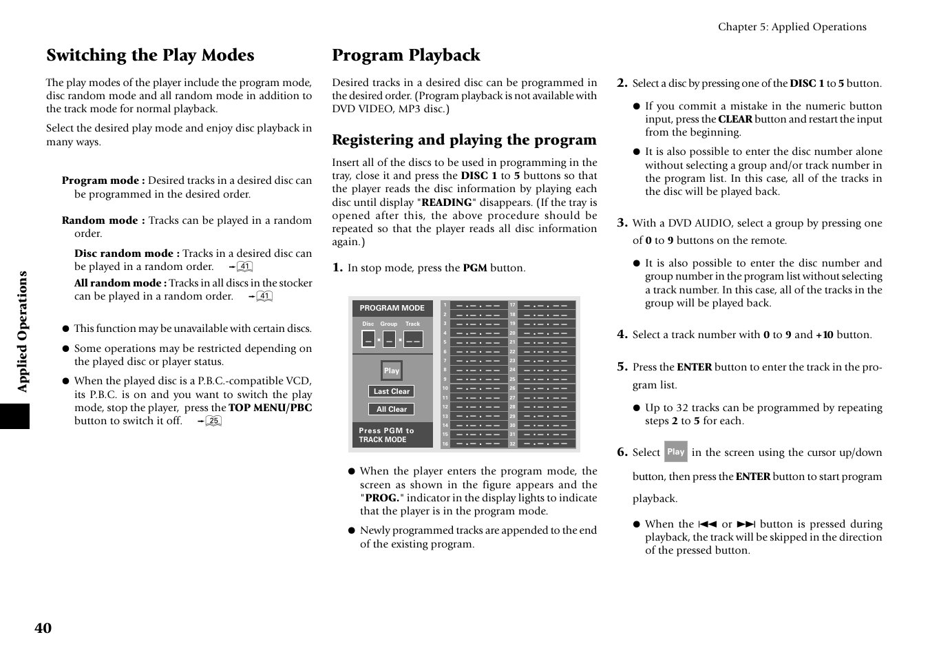 Switching the play modes, Program playback, Registering and playing the program | Applied operations | Kenwood DV-6050 User Manual | Page 40 / 68