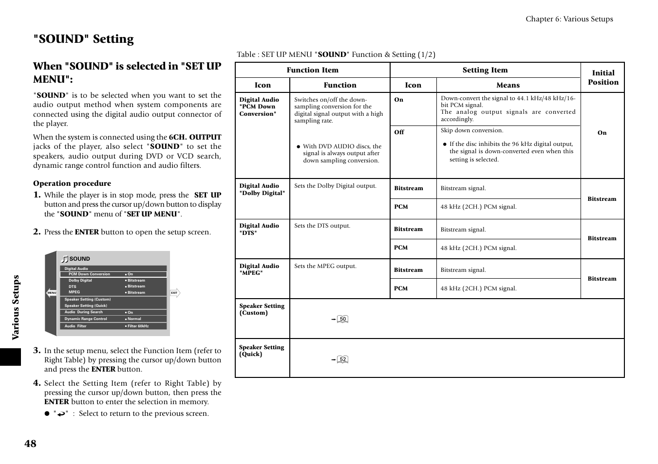 Sound" setting, When "sound" is selected in "set up menu, Various setups | Kenwood DV-6050 User Manual | Page 48 / 68