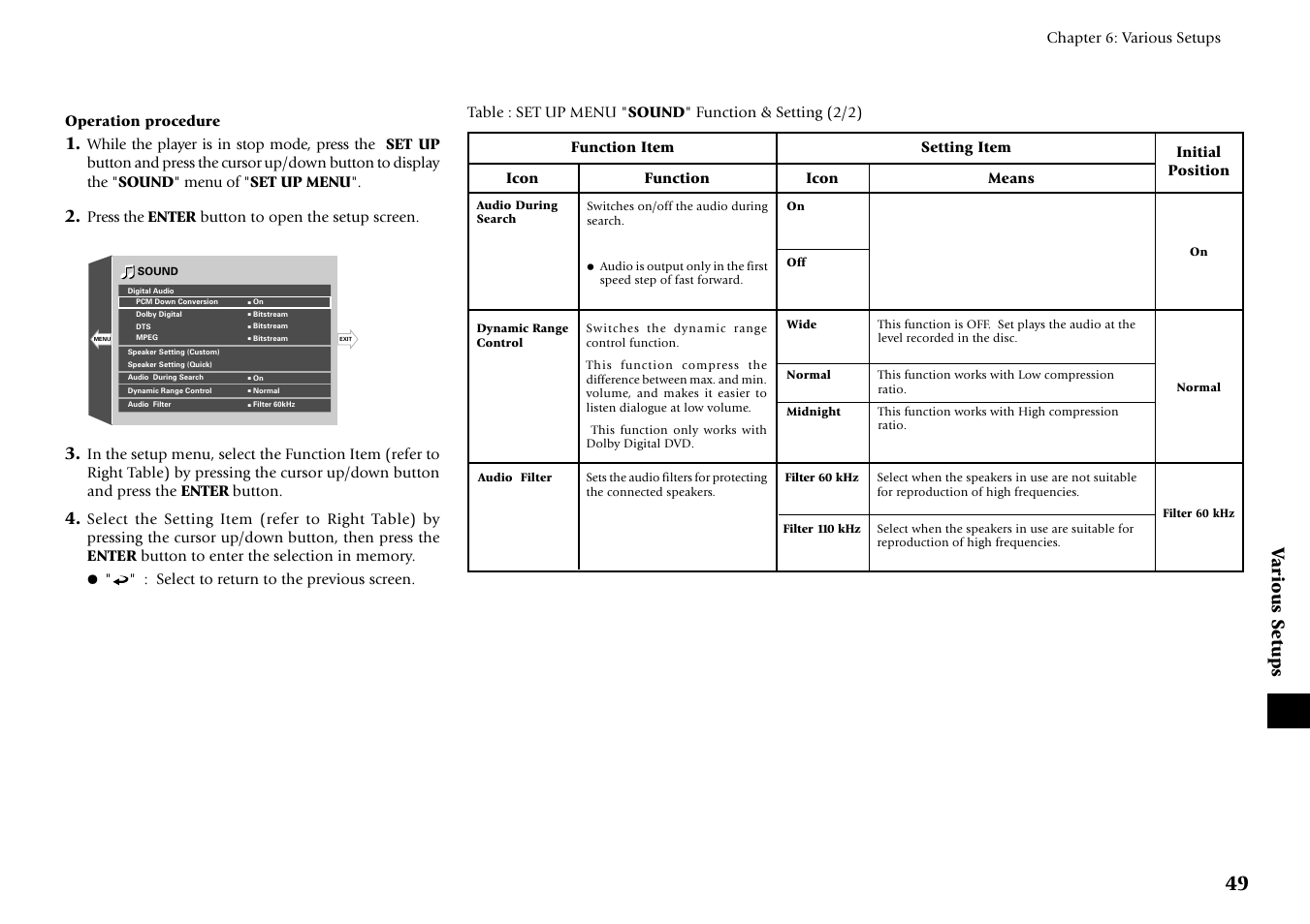 Various setups | Kenwood DV-6050 User Manual | Page 49 / 68