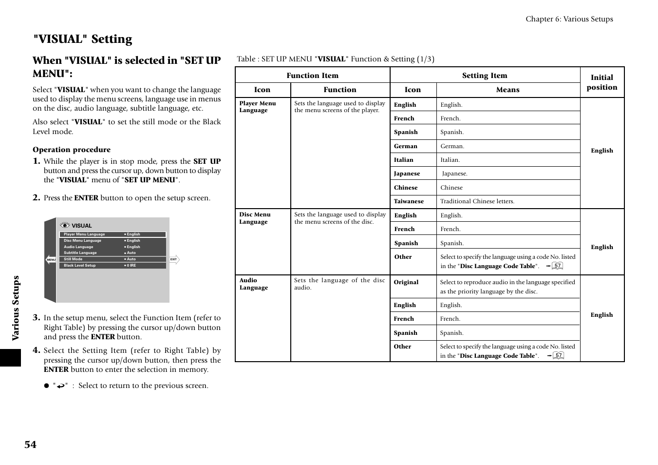 Visual" setting, When "visual" is selected in "set up menu, Various setups | Kenwood DV-6050 User Manual | Page 54 / 68