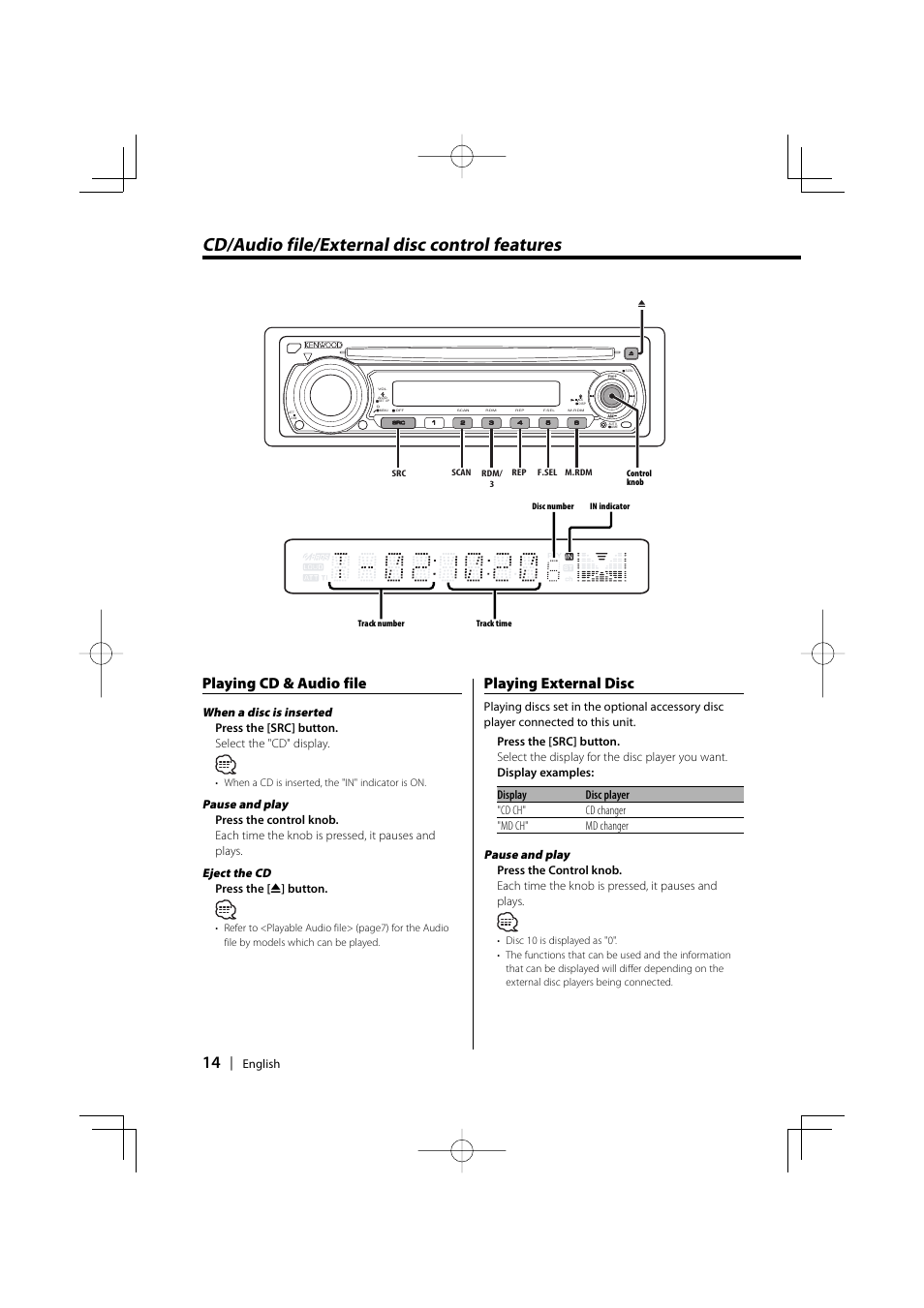 Cd/audio file/external disc control features, Playing cd & audio file, Playing external disc | When a disc is inserted, Pause and play, Eject the cd | Kenwood KDC-228 User Manual | Page 14 / 96