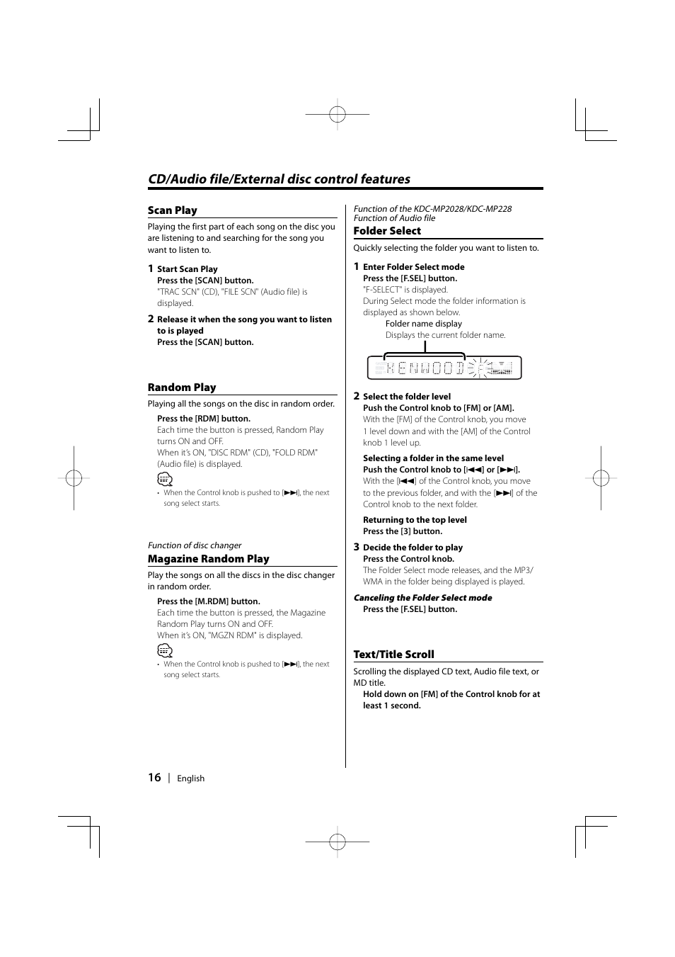 Cd/audio file/external disc control features | Kenwood KDC-228 User Manual | Page 16 / 96