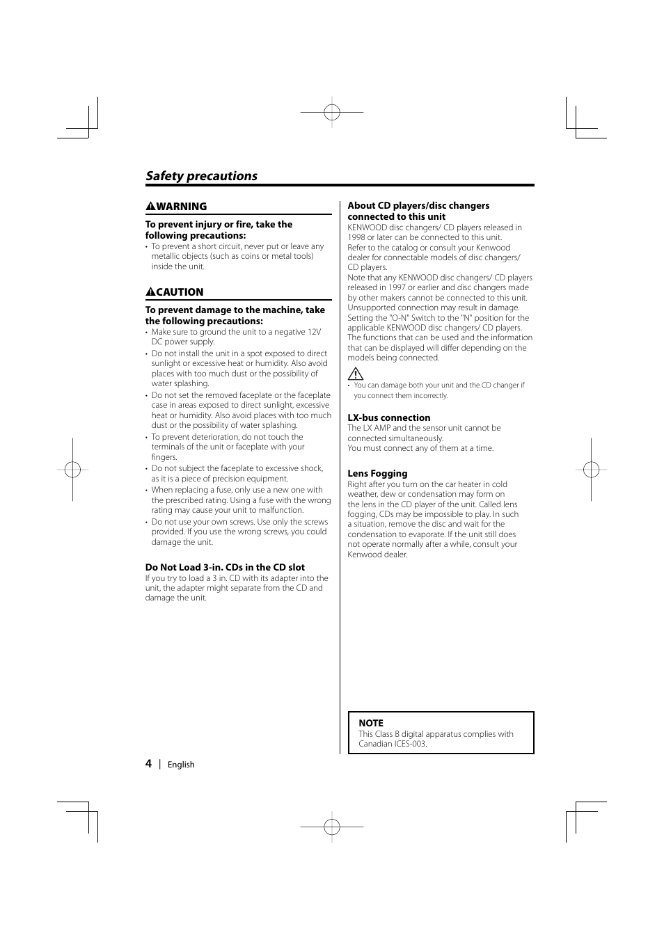 Safety precautions | Kenwood KDC-228 User Manual | Page 4 / 96