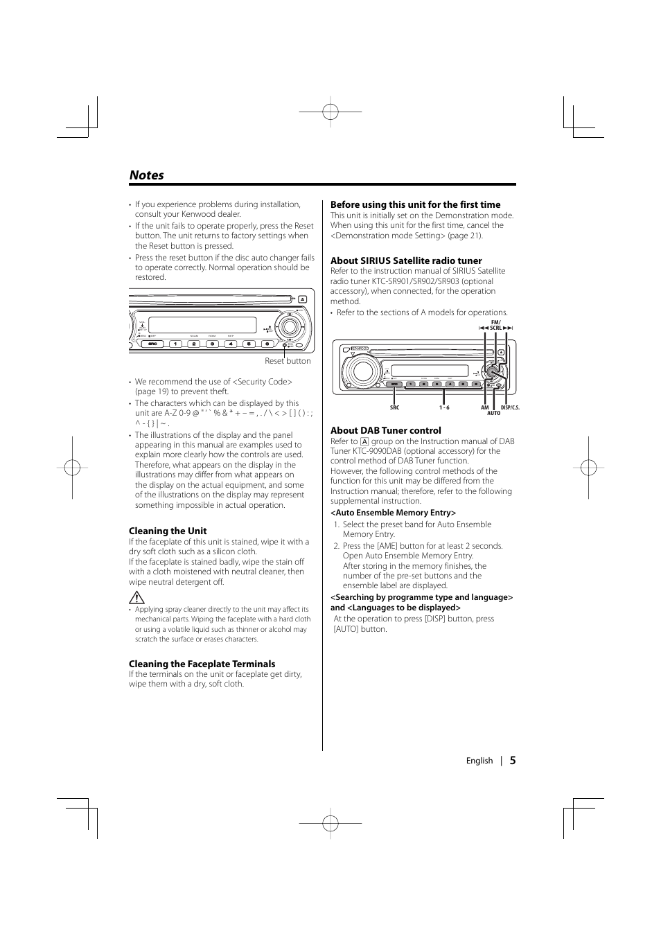 Cleaning the unit, Cleaning the faceplate terminals, Before using this unit for the first time | About sirius satellite radio tuner, Scan rdm rep off vol q aud, Scrl, About dab tuner control | Kenwood KDC-228 User Manual | Page 5 / 96