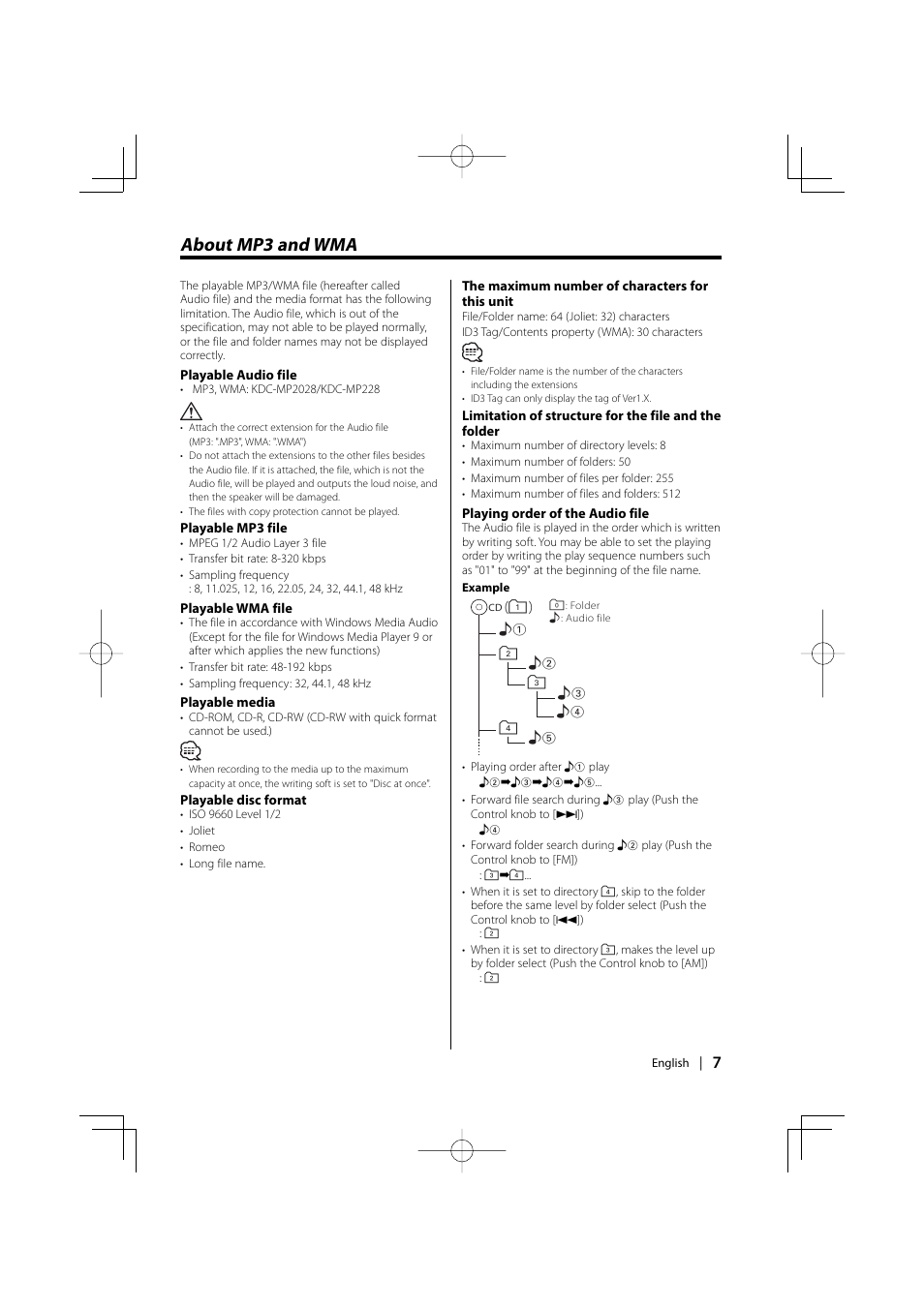 About mp3 and wma | Kenwood KDC-228 User Manual | Page 7 / 96