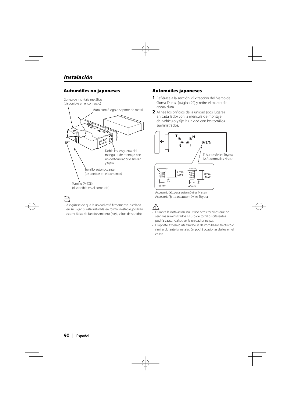 Instalación, Automóiles no japoneses automóiles japoneses 1 | Kenwood KDC-228 User Manual | Page 90 / 96