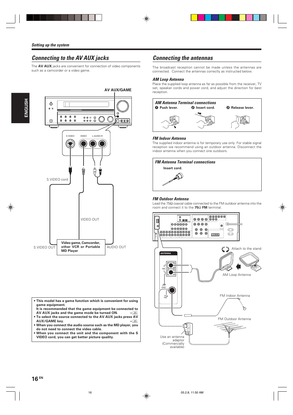 Connecting the antennas, Connecting to the av aux jacks | Kenwood KRF-V7090D User Manual | Page 16 / 40