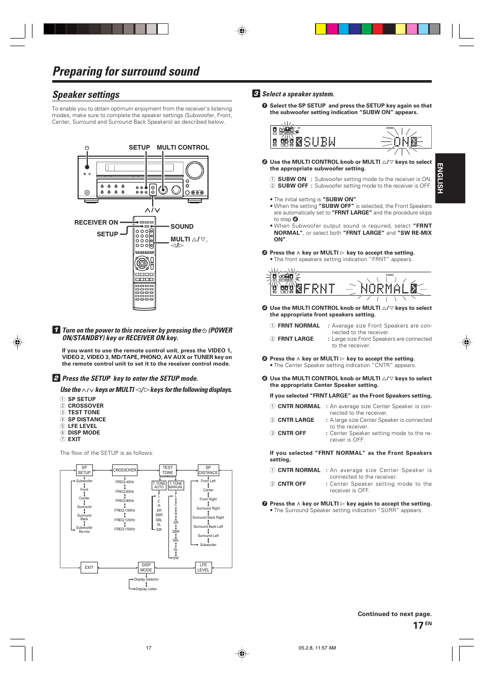 Preparing for surround sound, Speaker settings, Keys | For the following displays, Select a speaker system, English | Kenwood KRF-V7090D User Manual | Page 17 / 40