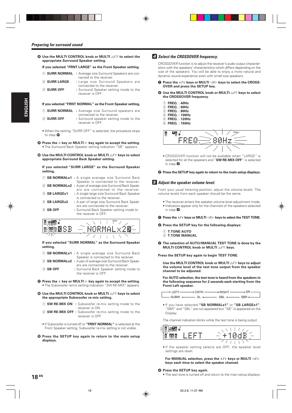 Select the crossover frequency, Adjust the speaker volume level, Preparing for surround sound | Kenwood KRF-V7090D User Manual | Page 18 / 40