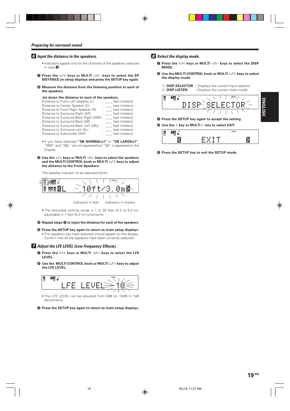 Preparing for surround sound, Input the distance to the speakers, Adjust the lfe level (low frequency effects) | Select the display mode, English | Kenwood KRF-V7090D User Manual | Page 19 / 40