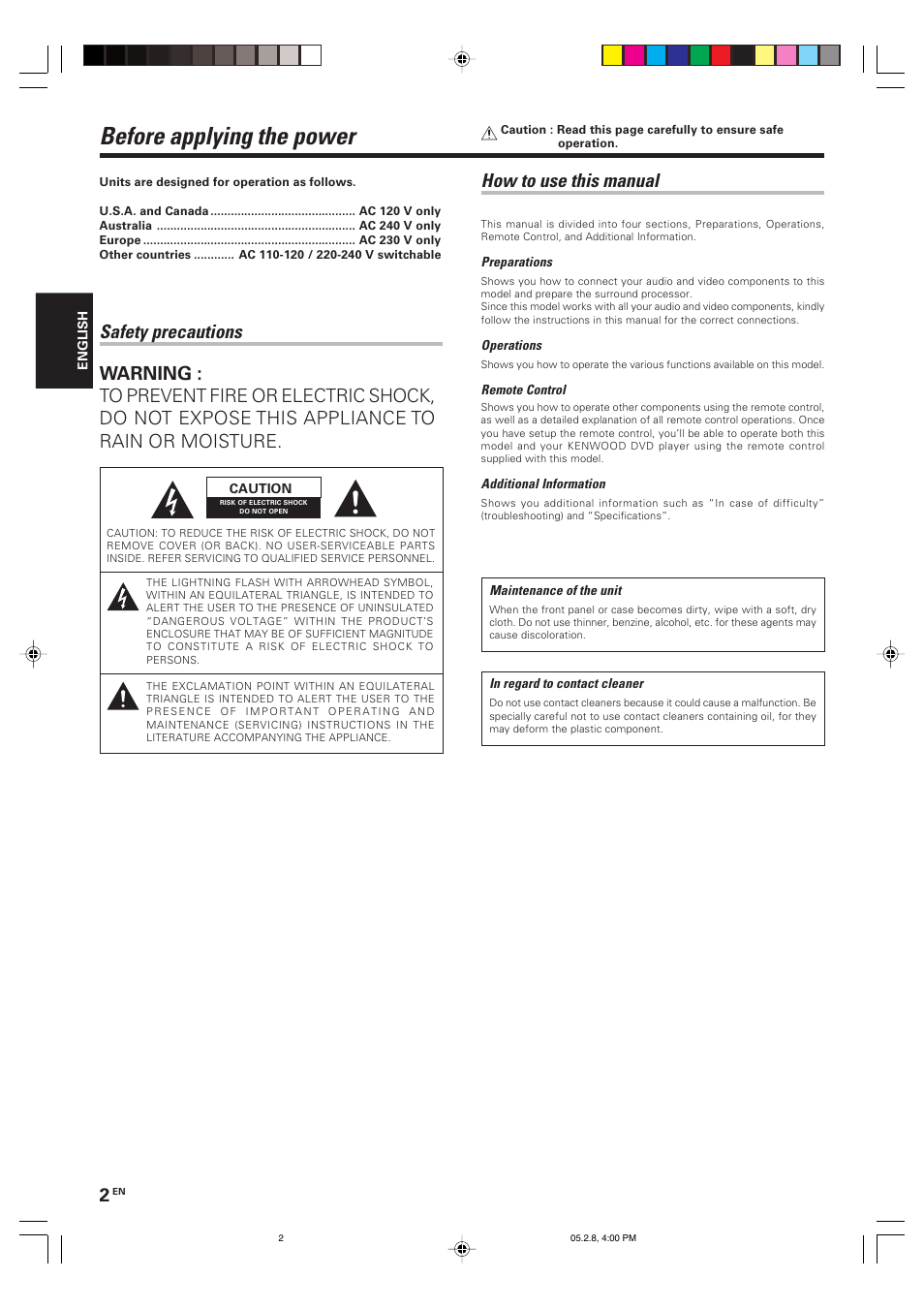 Before applying the power, How to use this manual | Kenwood KRF-V7090D User Manual | Page 2 / 40