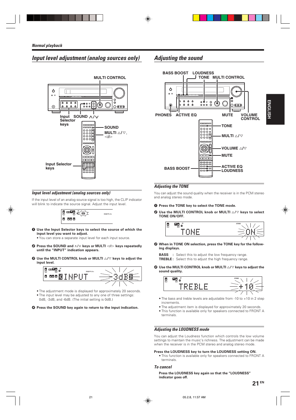 Adjusting the sound, Input level adjustment (analog sources only), Normal playback | Adjusting the tone, Adjusting the loudness mode, English | Kenwood KRF-V7090D User Manual | Page 21 / 40