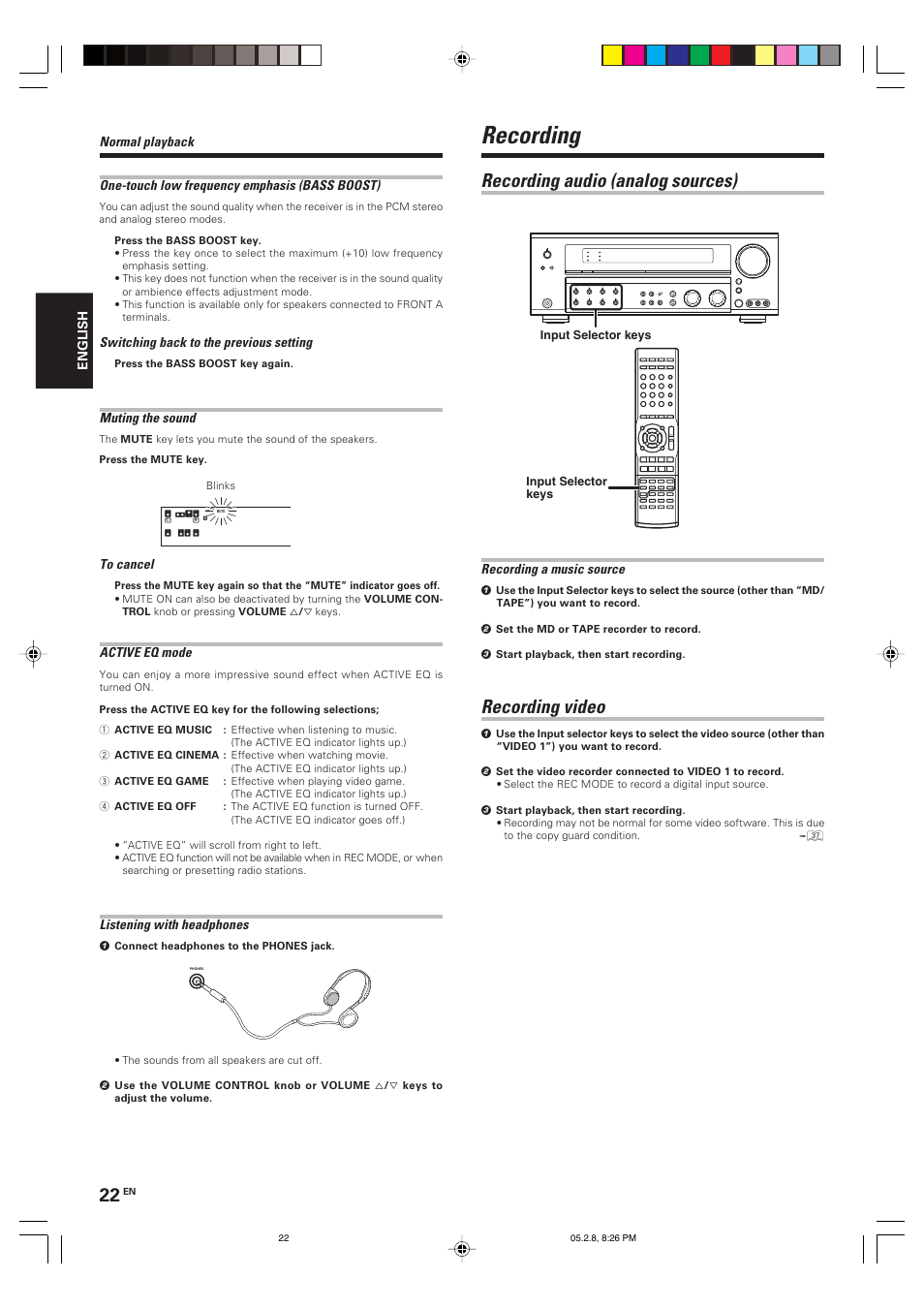 Recording, Recording audio (analog sources), Recording video | Kenwood KRF-V7090D User Manual | Page 22 / 40