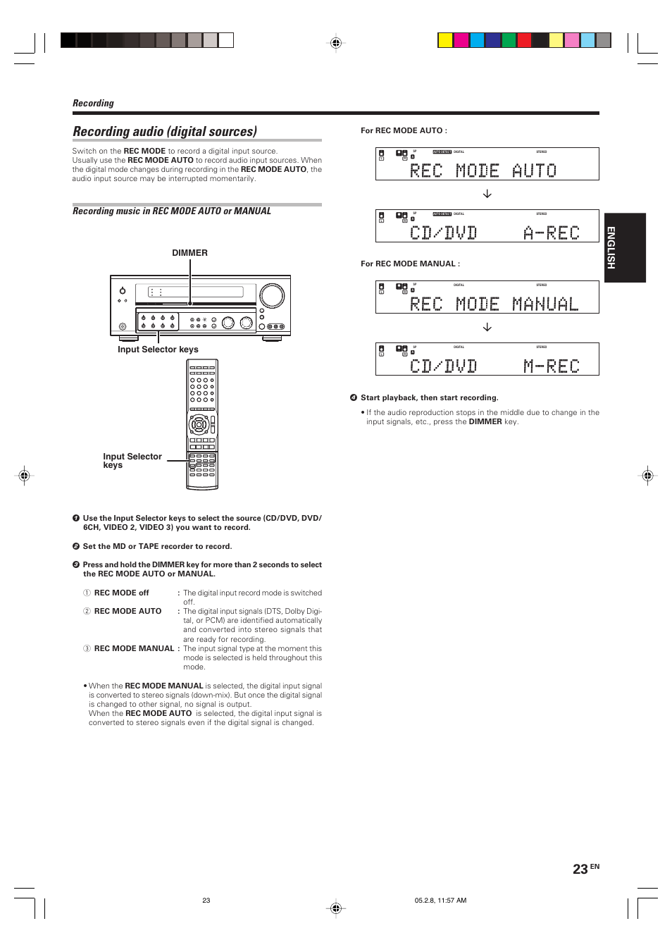 Recording audio (digital sources), Recording, Recording music in rec mode auto or manual | English, Input selector keys, Input selector keys dimmer, For rec mode manual | Kenwood KRF-V7090D User Manual | Page 23 / 40