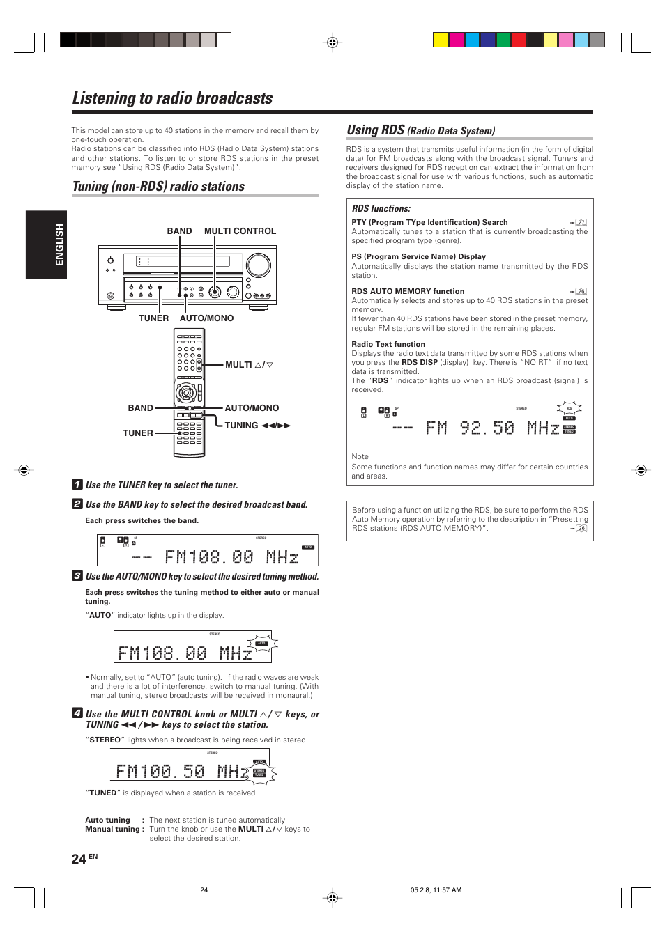 Listening to radio broadcasts, Using rds, Tuning (non-rds) radio stations | Radio data system), Rds functions, Use the tuner key to select the tuner, Use the multi control knob or multi, Keys, or tuning, Keys to select the station, English | Kenwood KRF-V7090D User Manual | Page 24 / 40