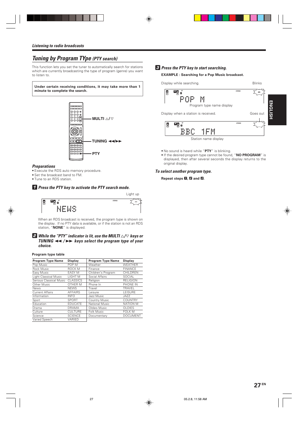 Tuning by program type, Pty search), Press the pty key to start searching | Listening to radio broadcasts, Preparations, Press the pty key to activate the pty search mode, While the “pty” indicator is lit, use the multi, Keys or tuning, Keys select the program type of your choice, English | Kenwood KRF-V7090D User Manual | Page 27 / 40