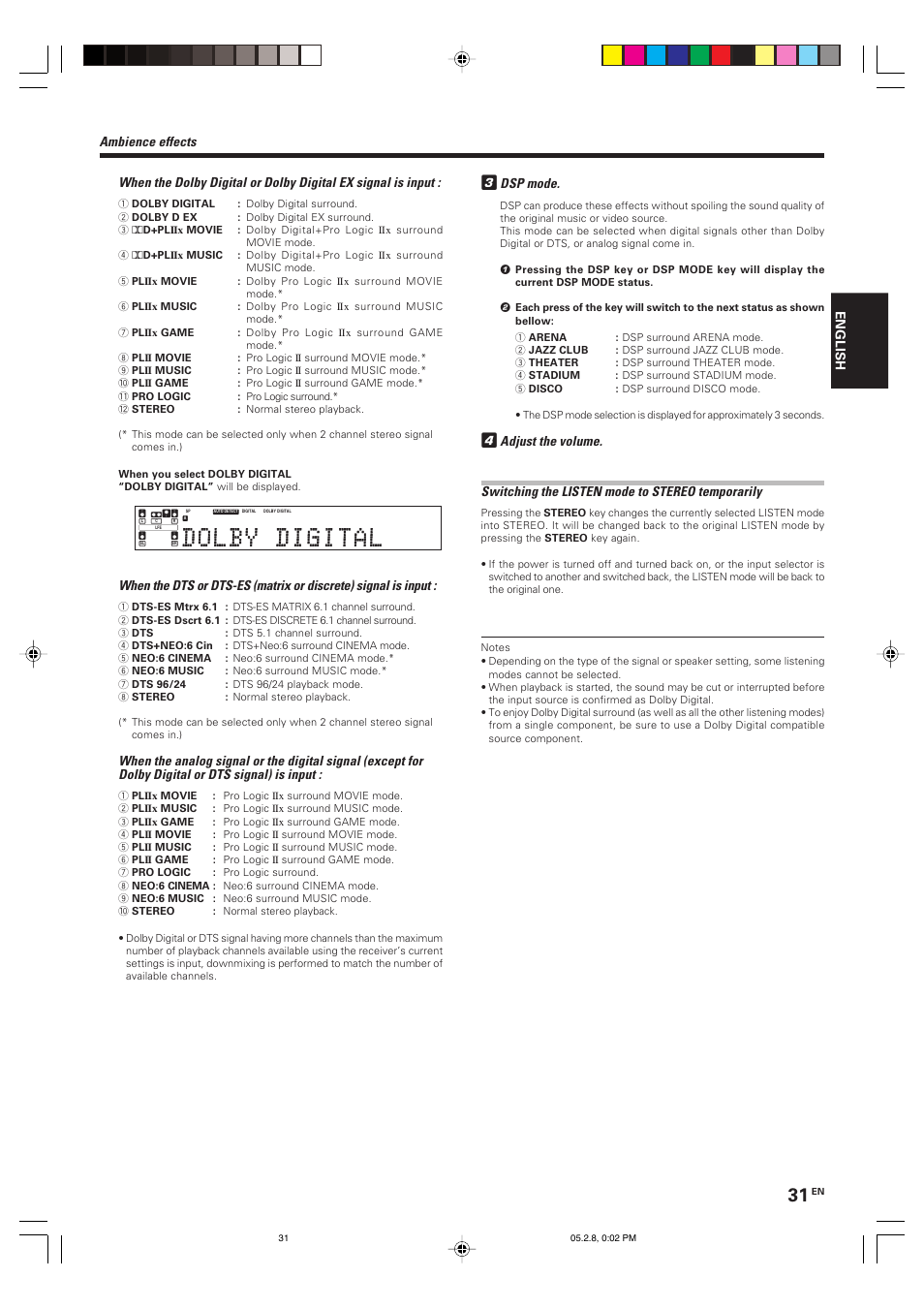 Dsp mode | Kenwood KRF-V7090D User Manual | Page 31 / 40