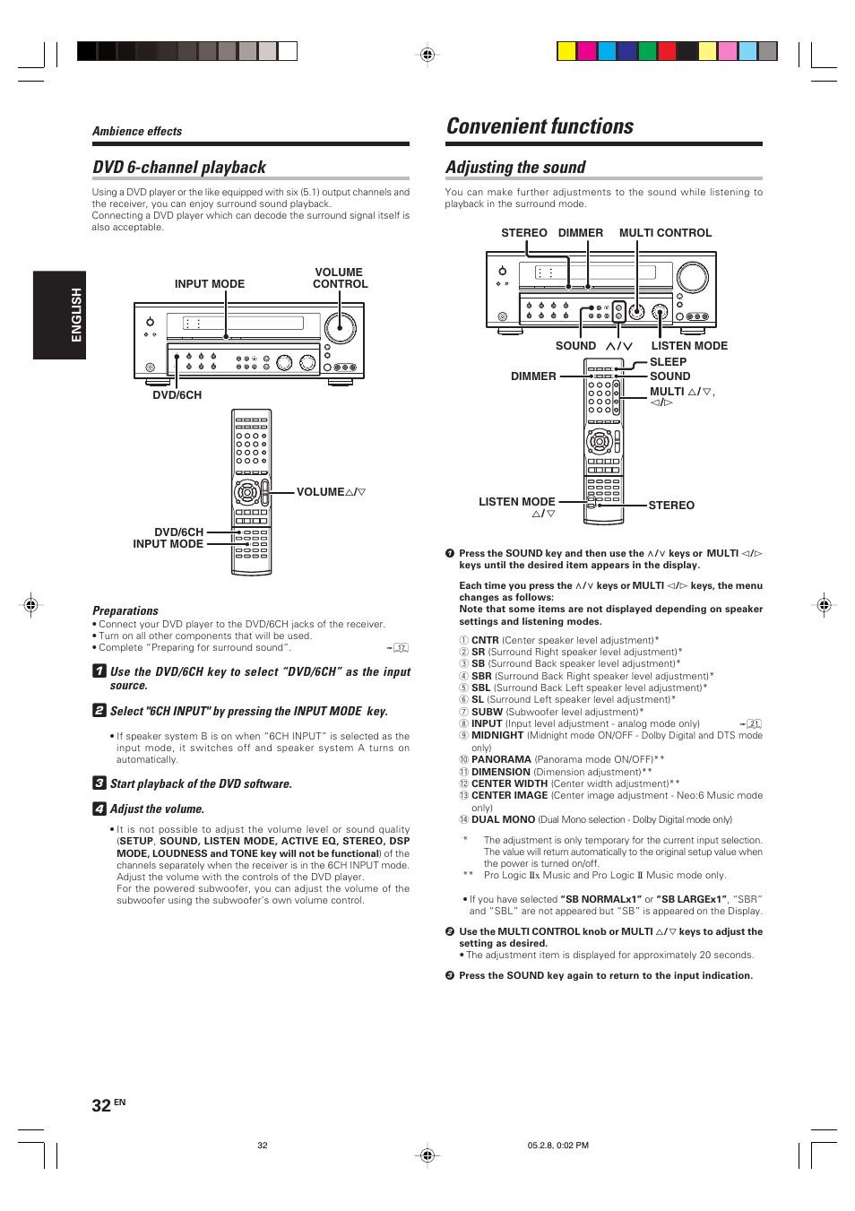 Convenient functions, Adjusting the sound, Dvd 6-channel playback | Kenwood KRF-V7090D User Manual | Page 32 / 40