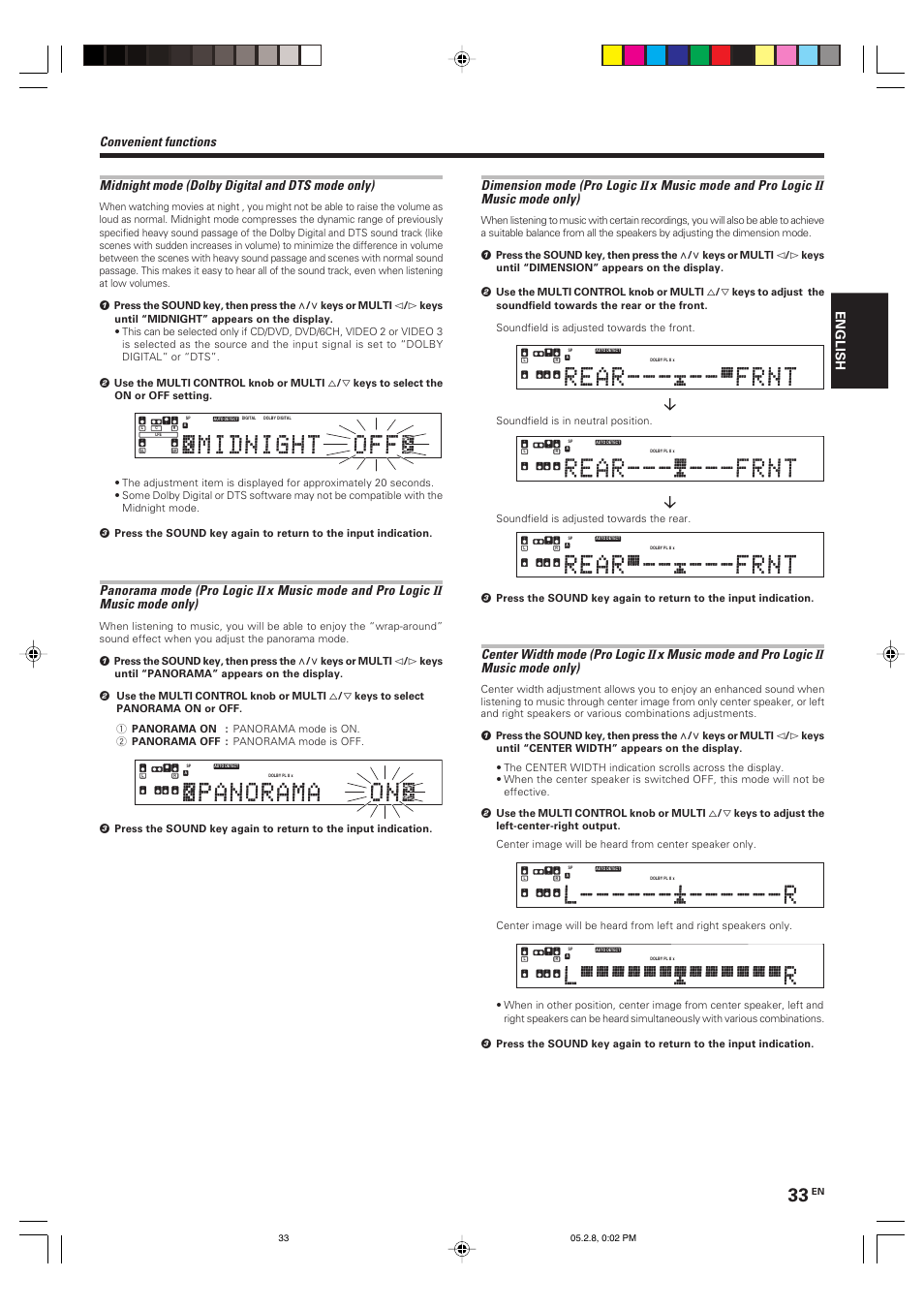 Panorama mode (pro logic, X music mode and pro logic, Music mode only) | Dimension mode (pro logic, Center width mode (pro logic, English | Kenwood KRF-V7090D User Manual | Page 33 / 40