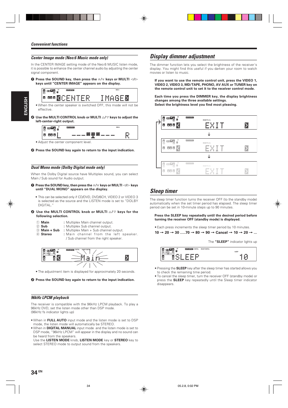 Display dimmer adjustment, Sleep timer, Dual mono mode (dolby digital mode only) | 96khz lpcm playback, English | Kenwood KRF-V7090D User Manual | Page 34 / 40