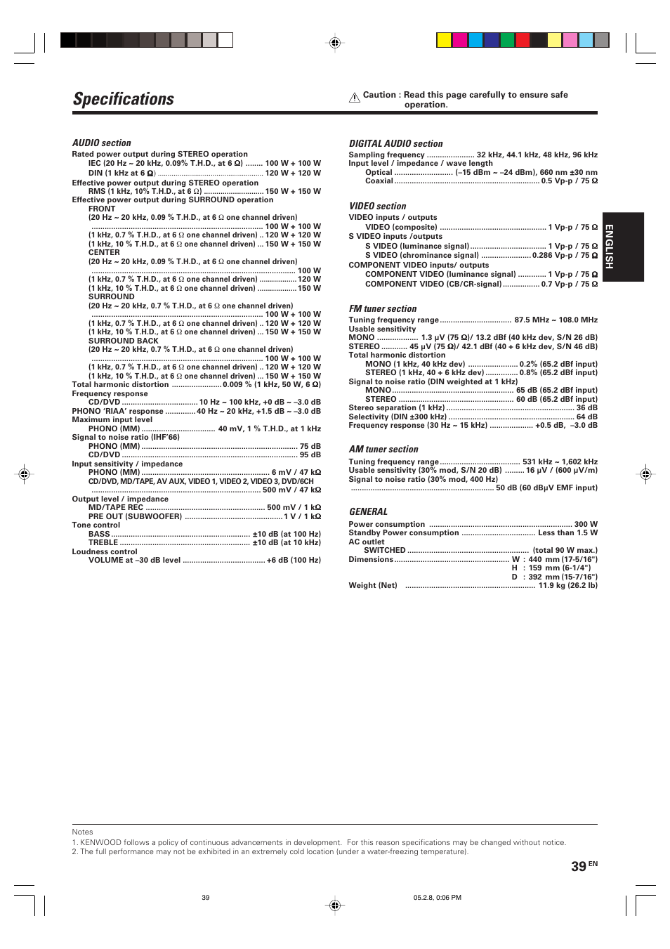 Specifications | Kenwood KRF-V7090D User Manual | Page 39 / 40