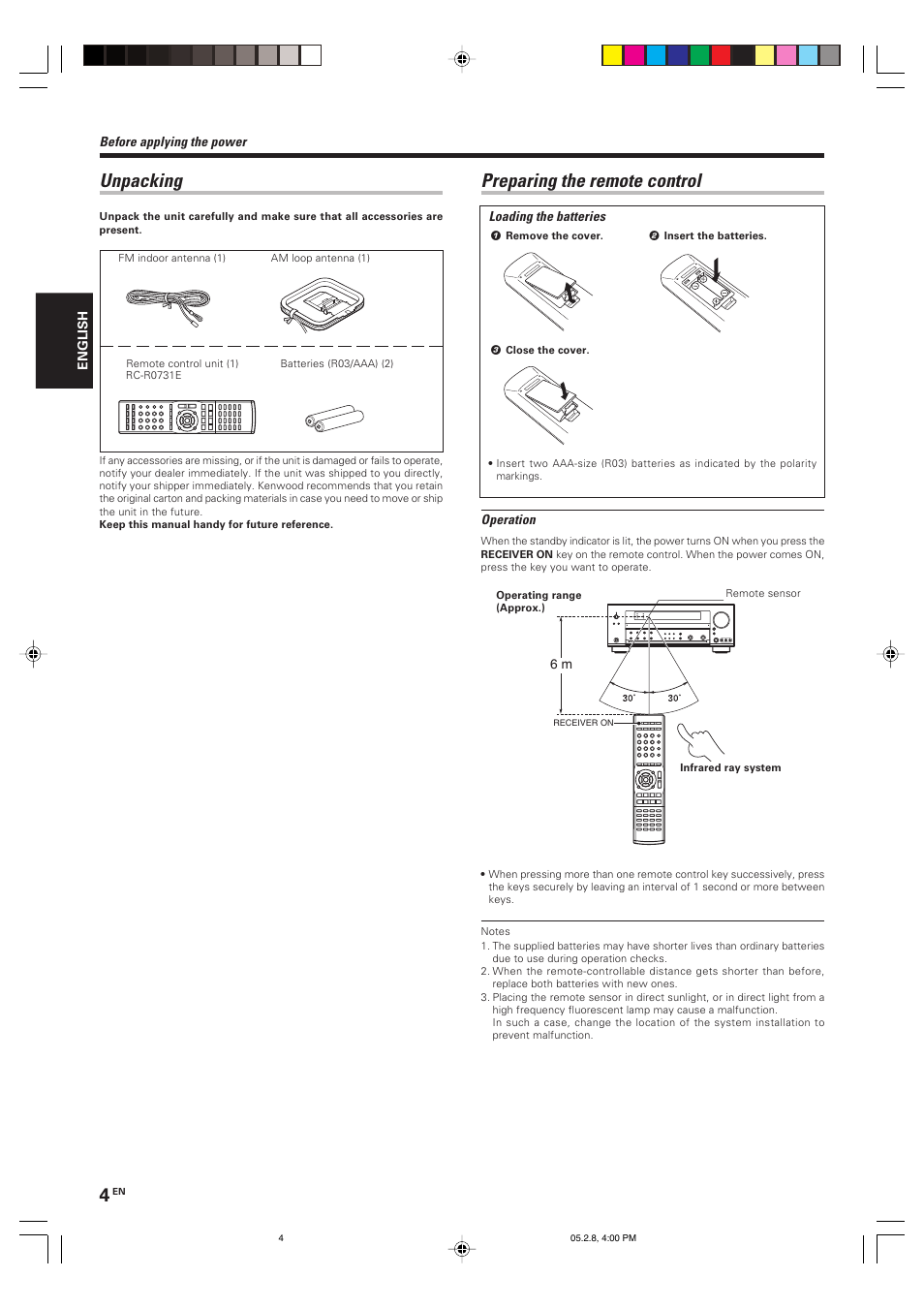 Preparing the remote control, Unpacking | Kenwood KRF-V7090D User Manual | Page 4 / 40