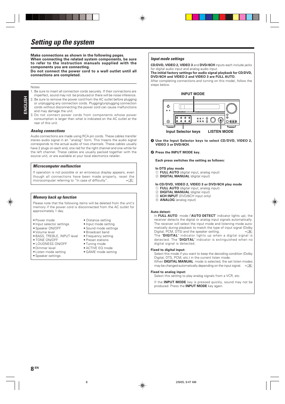 Setting up the system | Kenwood KRF-V7090D User Manual | Page 8 / 40