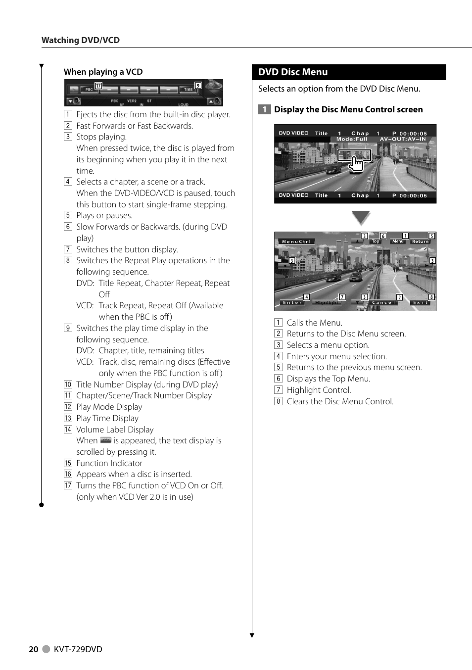 Dvd disc menu | Kenwood KVT-729DVD User Manual | Page 20 / 100