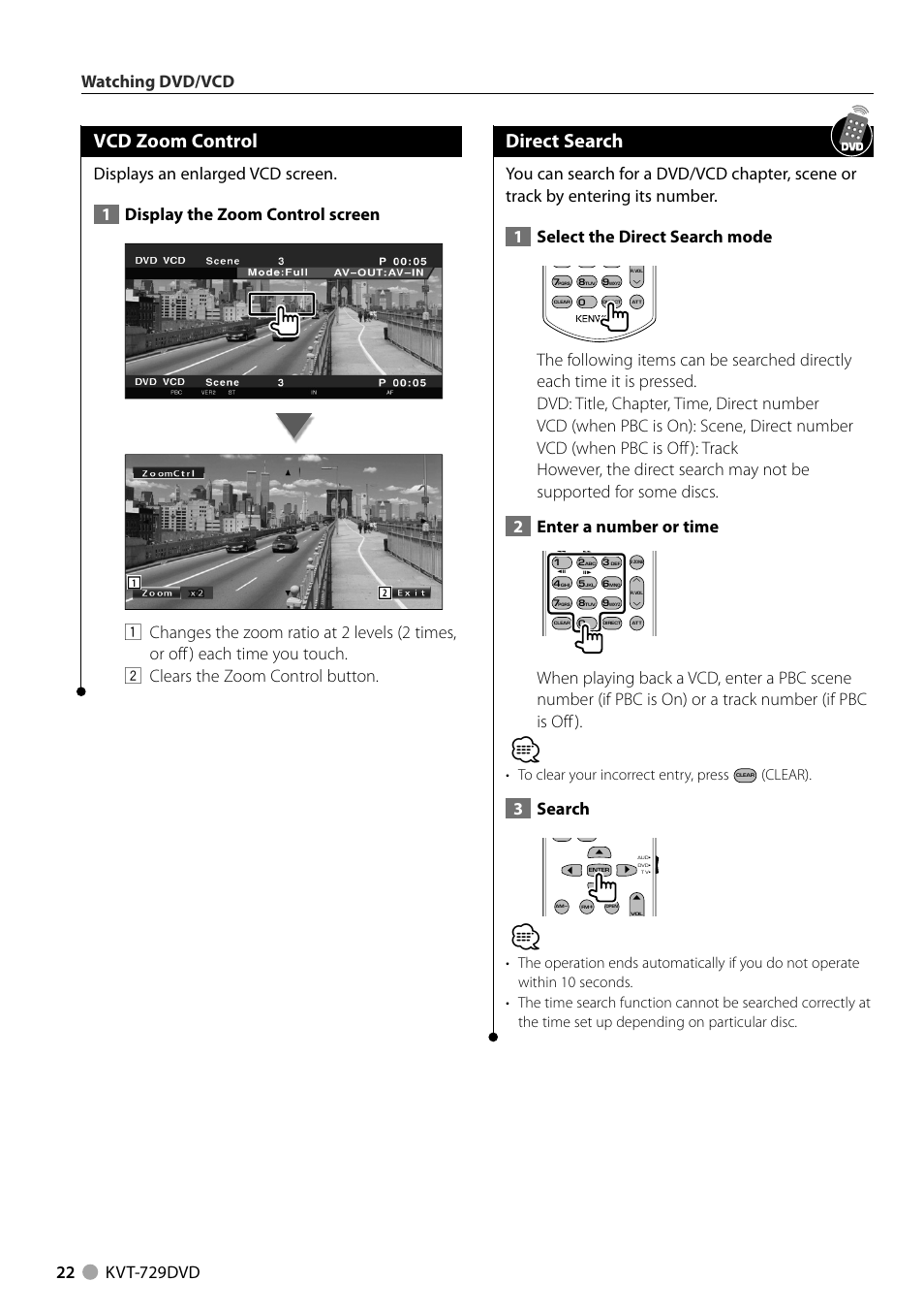 Vcd zoom control, Direct search, 3search | Clear) | Kenwood KVT-729DVD User Manual | Page 22 / 100