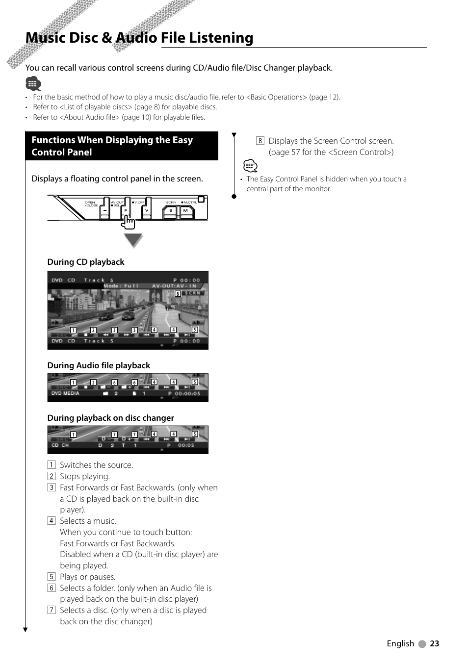 Music disc & audio file listening, Functions when displaying the easy control panel | Kenwood KVT-729DVD User Manual | Page 23 / 100