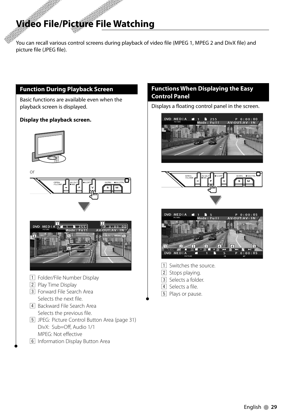 Video file/picture file watching, Function during playback screen, Functions when displaying the easy control panel | Kenwood KVT-729DVD User Manual | Page 29 / 100