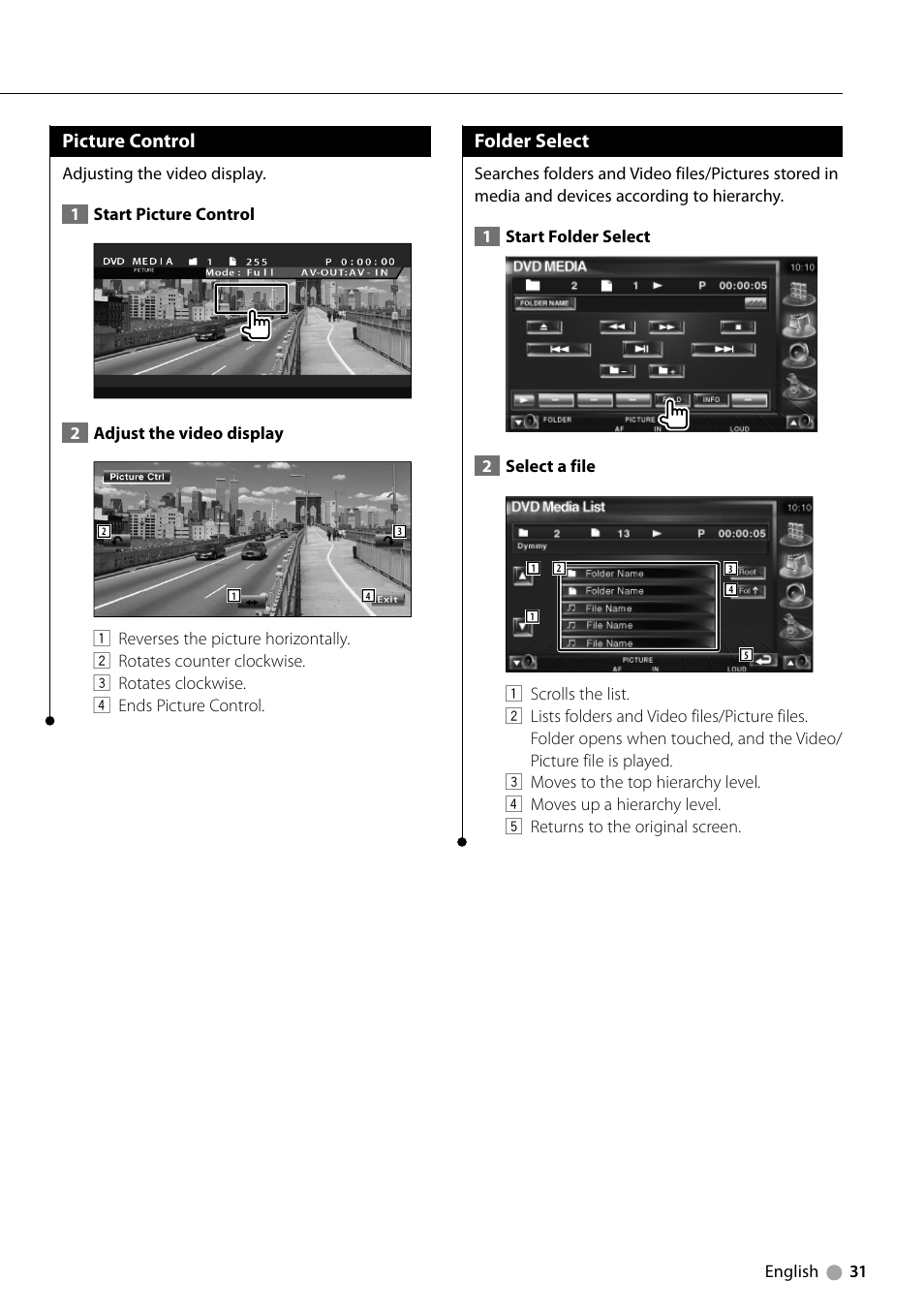 Picture control, Folder select | Kenwood KVT-729DVD User Manual | Page 31 / 100