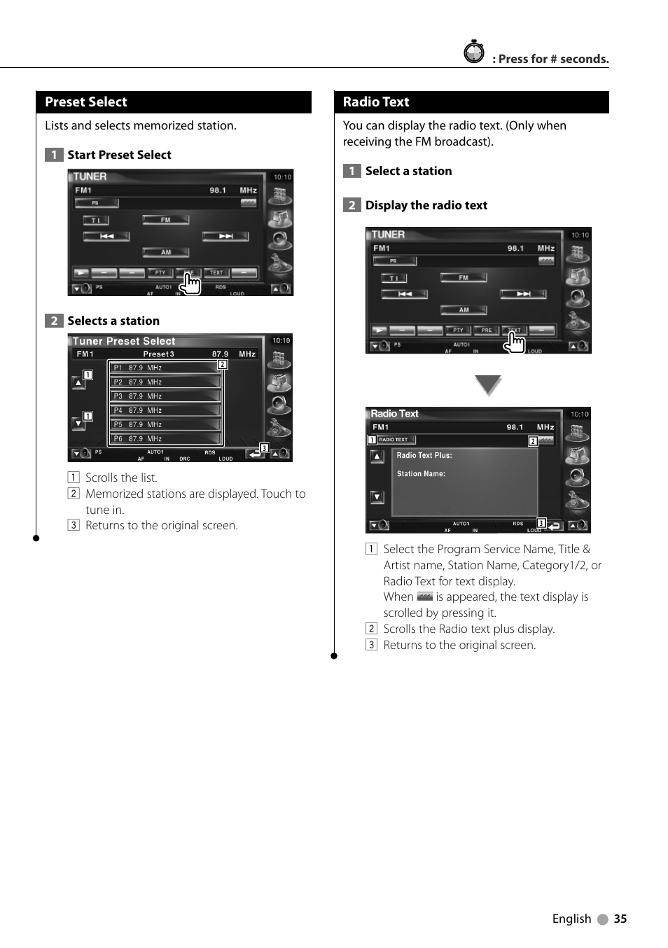 Preset select, Radio text | Kenwood KVT-729DVD User Manual | Page 35 / 100