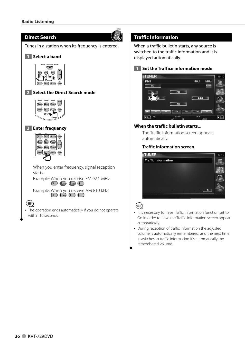 Direct search, Traffic information, 2select the direct search mode | 3enter frequency, Example: when you receive am 810 khz | Kenwood KVT-729DVD User Manual | Page 36 / 100