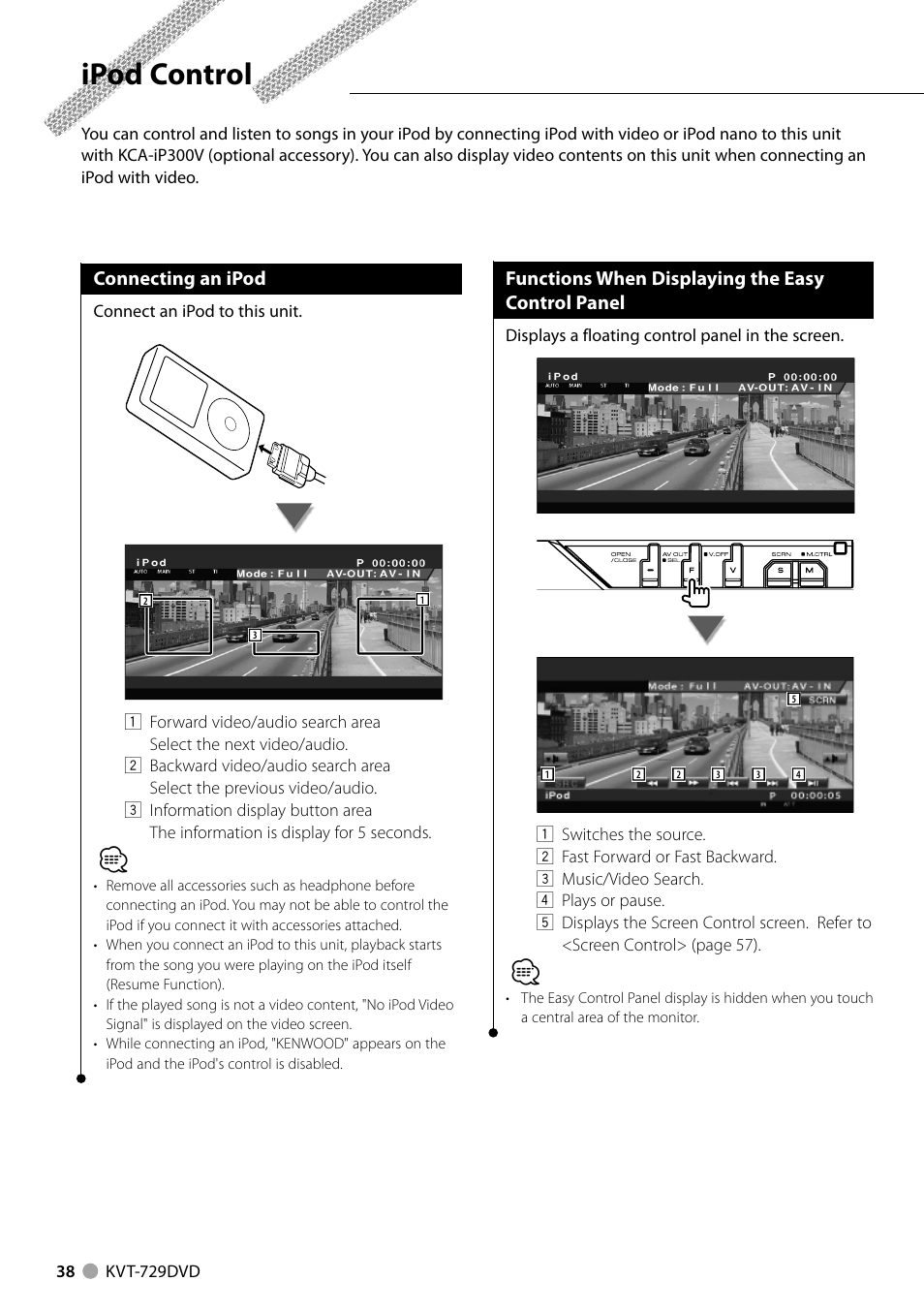 Ipod control, Connecting an ipod, Functions when displaying the easy control panel | Kenwood KVT-729DVD User Manual | Page 38 / 100