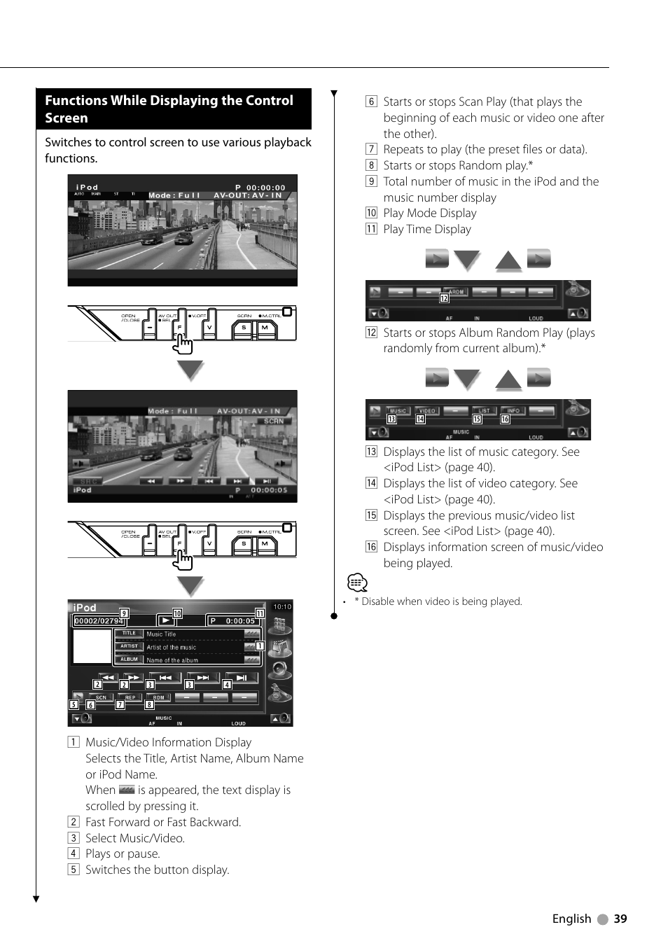 Functions while displaying the control screen | Kenwood KVT-729DVD User Manual | Page 39 / 100