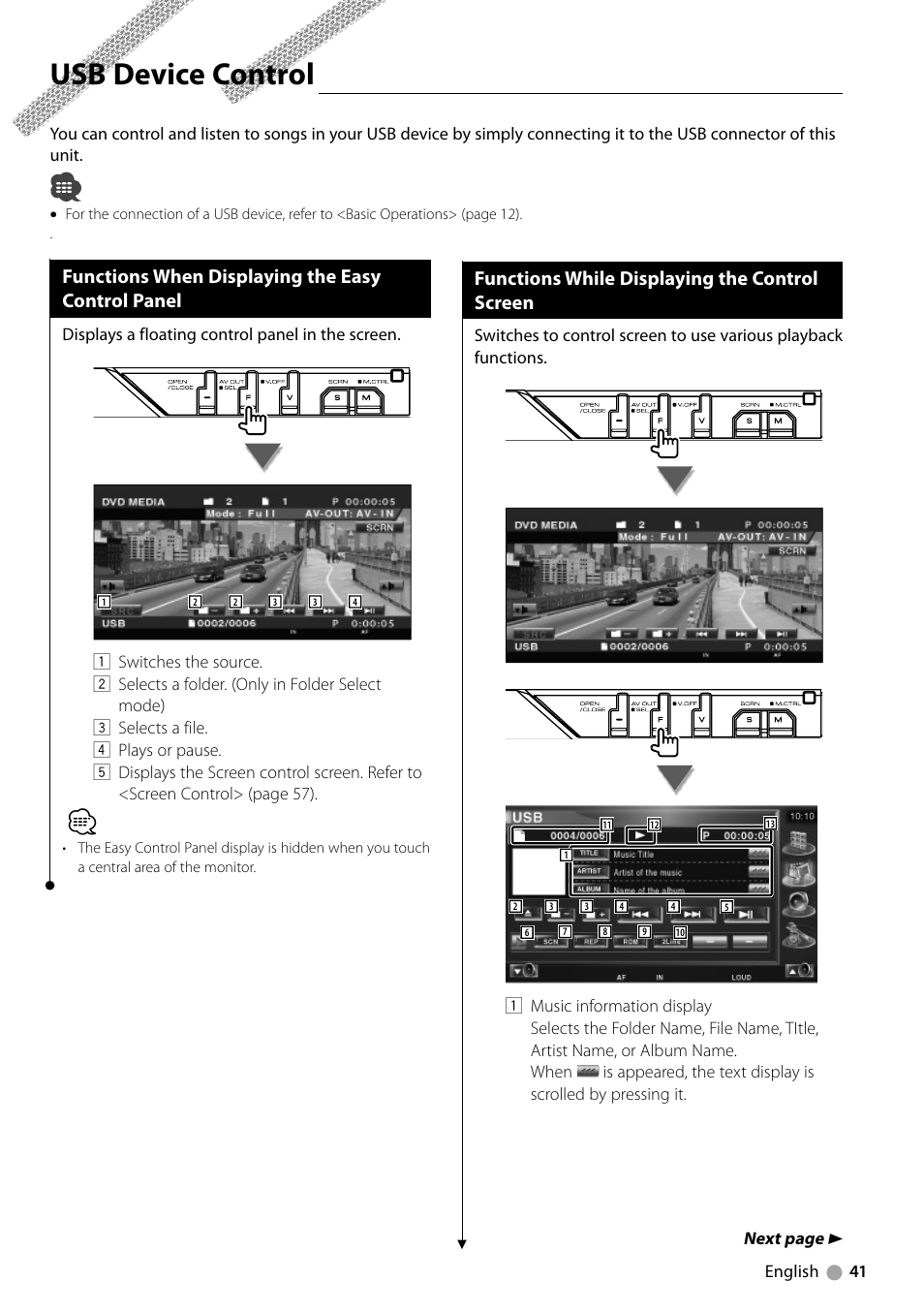 Usb device control, Functions when displaying the easy control panel, Functions while displaying the control screen | Kenwood KVT-729DVD User Manual | Page 41 / 100