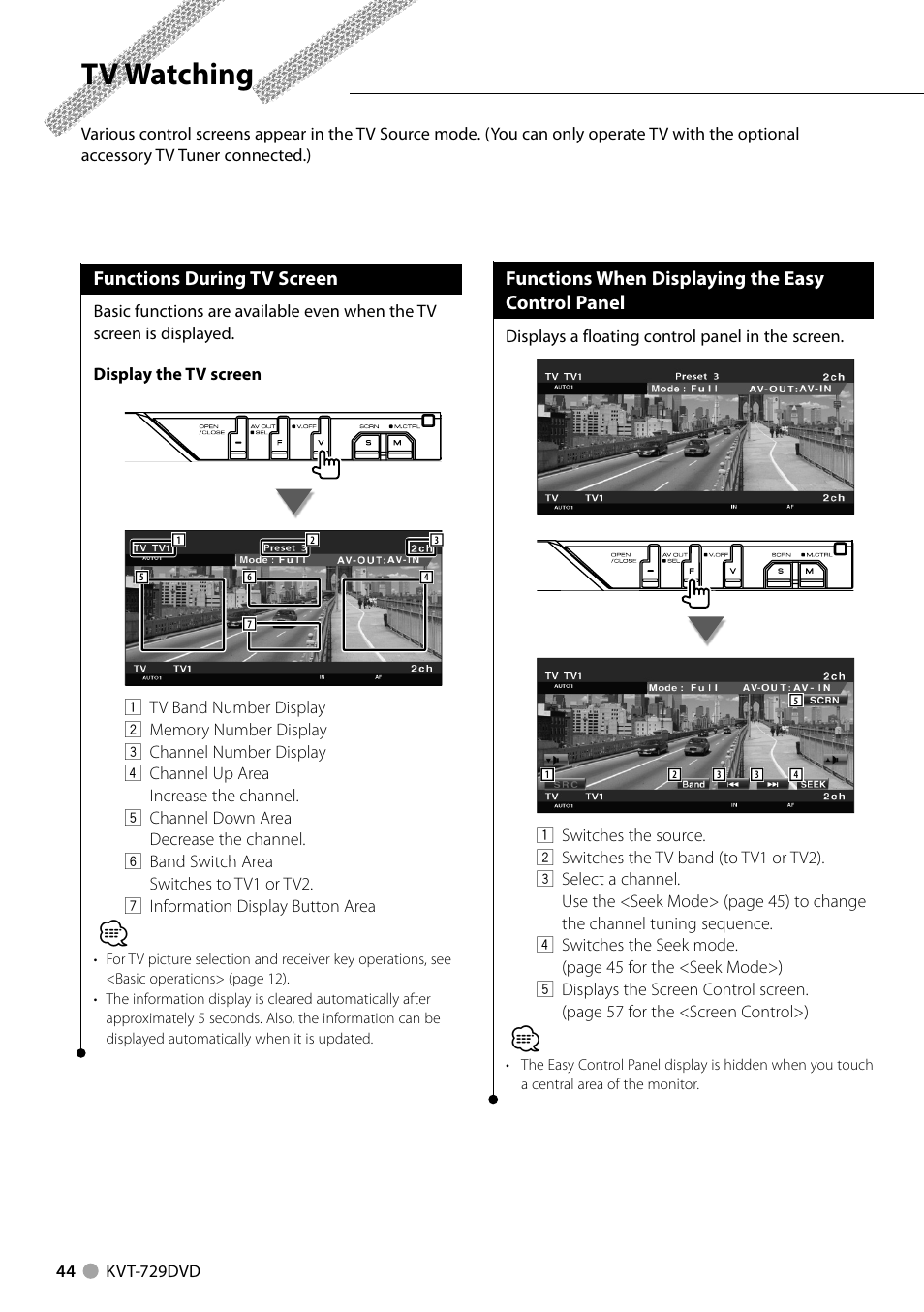 Tv watching, Functions during tv screen, Functions when displaying the easy control panel | Kenwood KVT-729DVD User Manual | Page 44 / 100