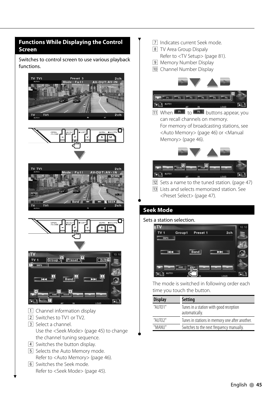 Functions while displaying the control screen, Seek mode | Kenwood KVT-729DVD User Manual | Page 45 / 100