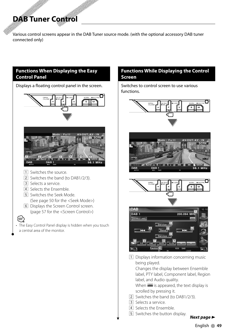 Dab tuner control, Functions when displaying the easy control panel, Functions while displaying the control screen | Kenwood KVT-729DVD User Manual | Page 49 / 100