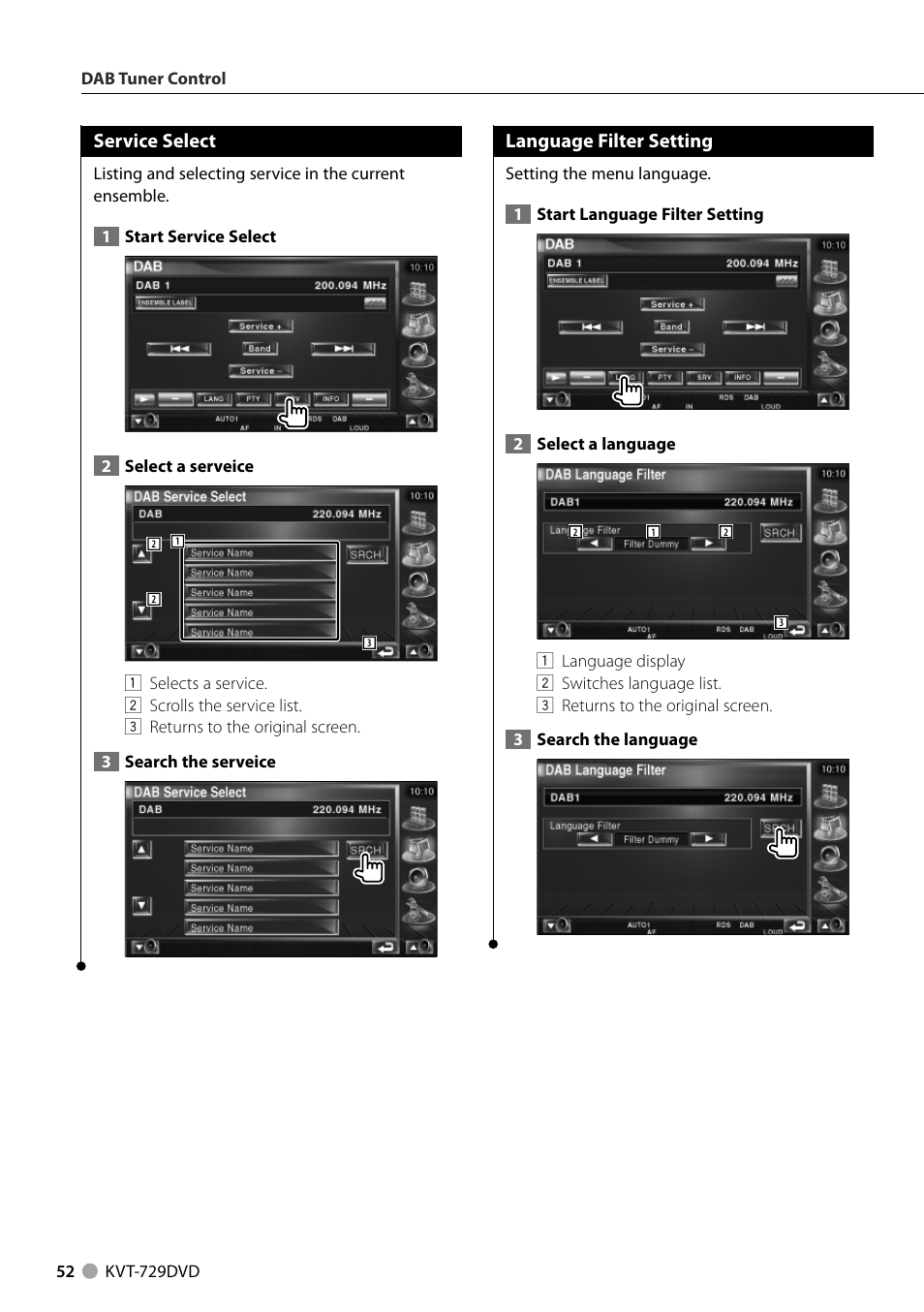 Service select, Language filter setting | Kenwood KVT-729DVD User Manual | Page 52 / 100