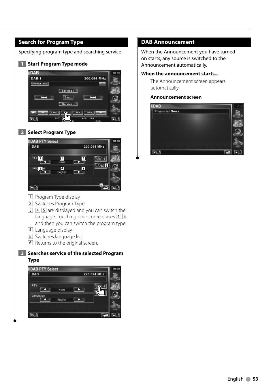 Search for program type, Dab announcement | Kenwood KVT-729DVD User Manual | Page 53 / 100