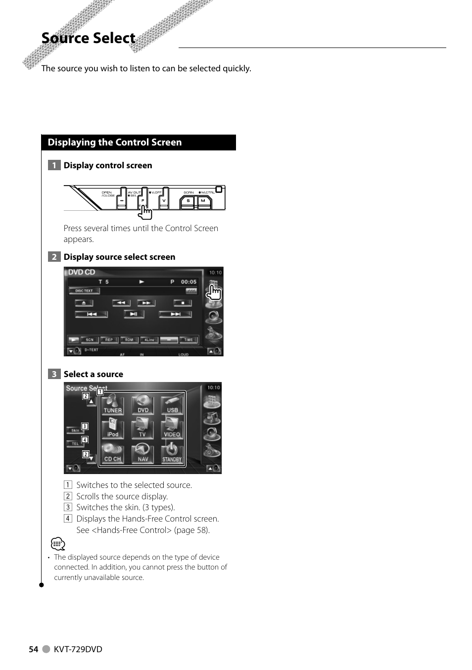 Source select | Kenwood KVT-729DVD User Manual | Page 54 / 100