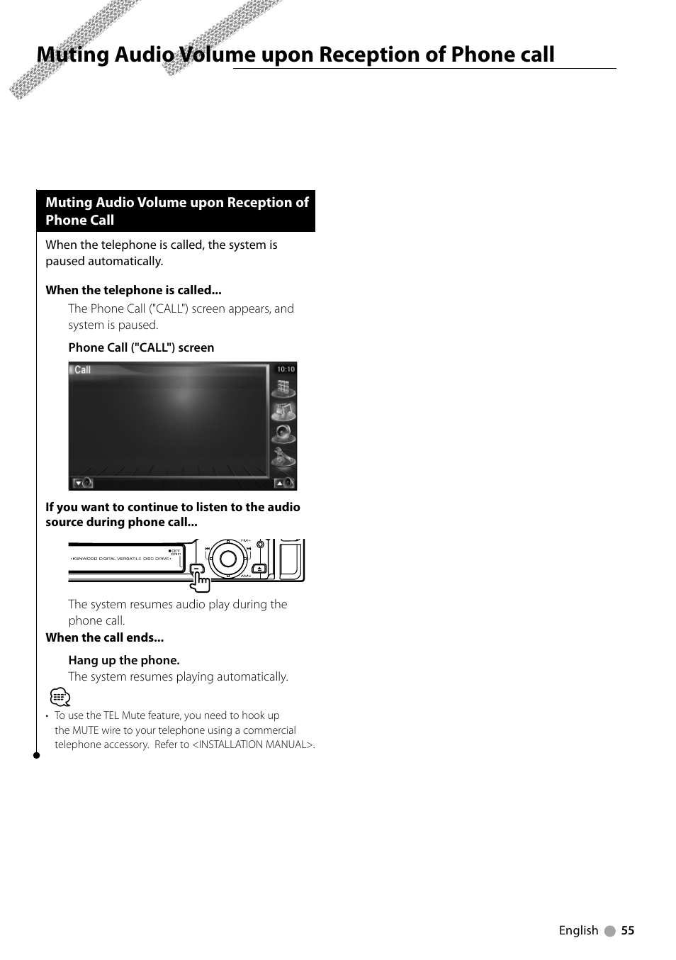 Muting audio volume upon reception of phone call | Kenwood KVT-729DVD User Manual | Page 55 / 100