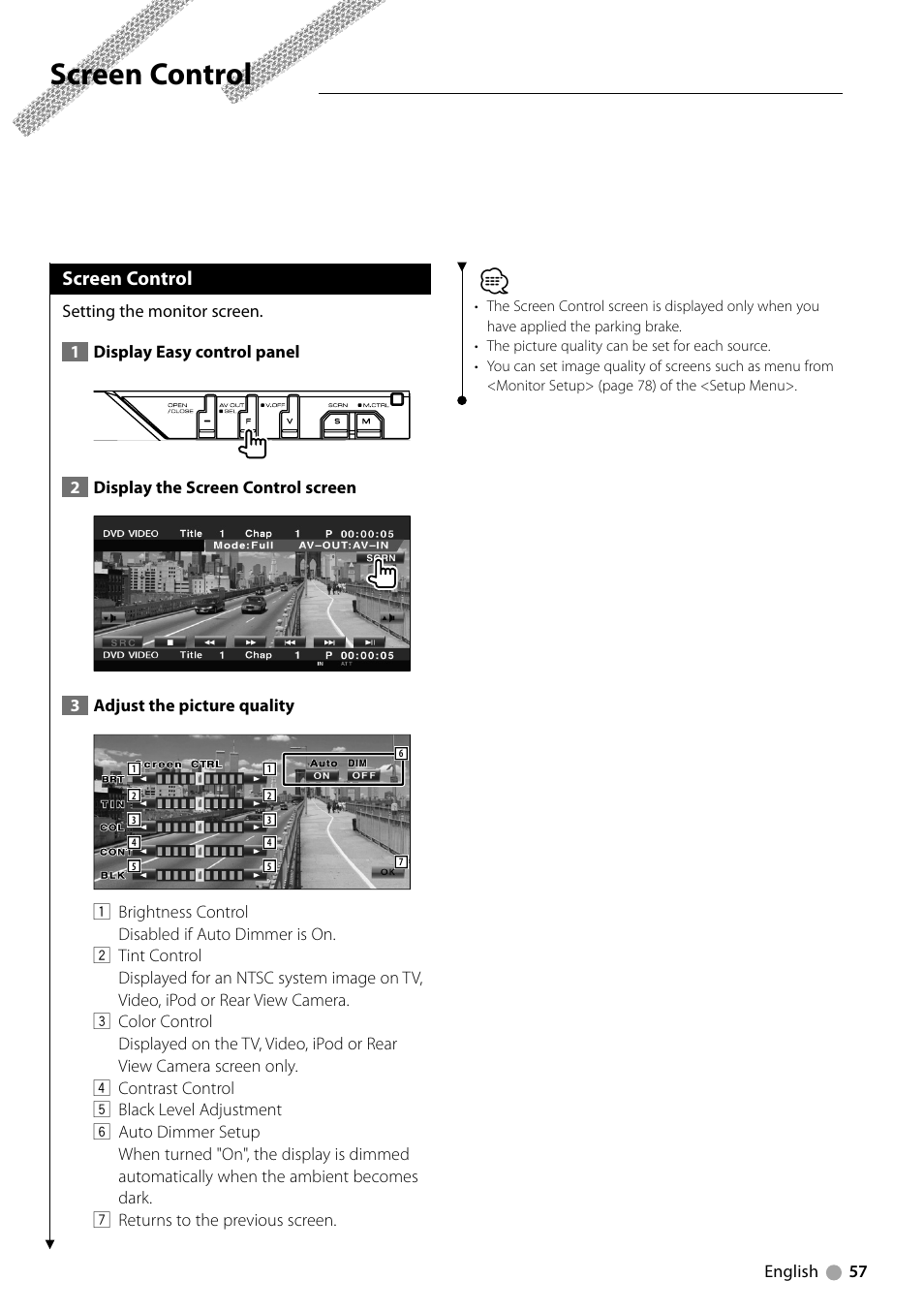 Screen control | Kenwood KVT-729DVD User Manual | Page 57 / 100