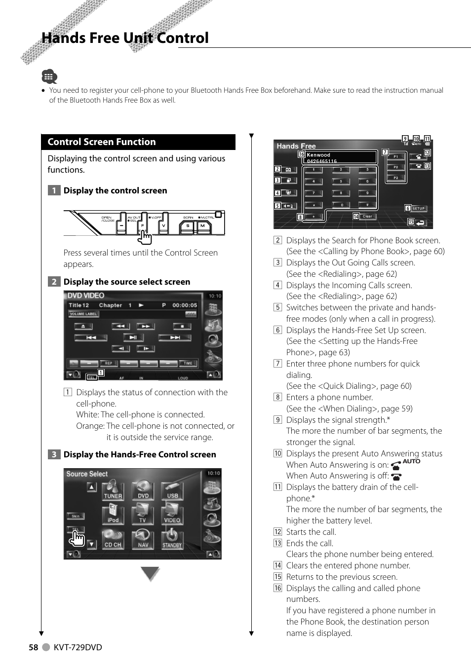 Hands free unit control, Control screen function | Kenwood KVT-729DVD User Manual | Page 58 / 100